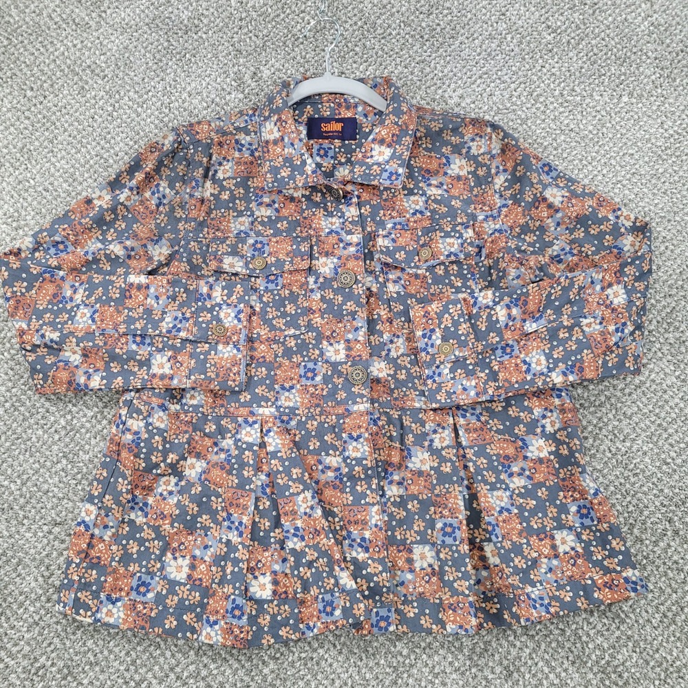 Sailor Floral Patchwork Pleated Peplum Cotton Jacket Blue Orange Womens Medium